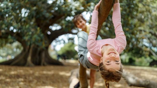 
		A girl hangs upside down from a tree
	